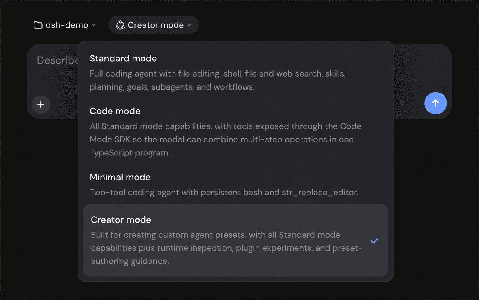 DeepSeek Harness 工作界面中的运行模式选择器