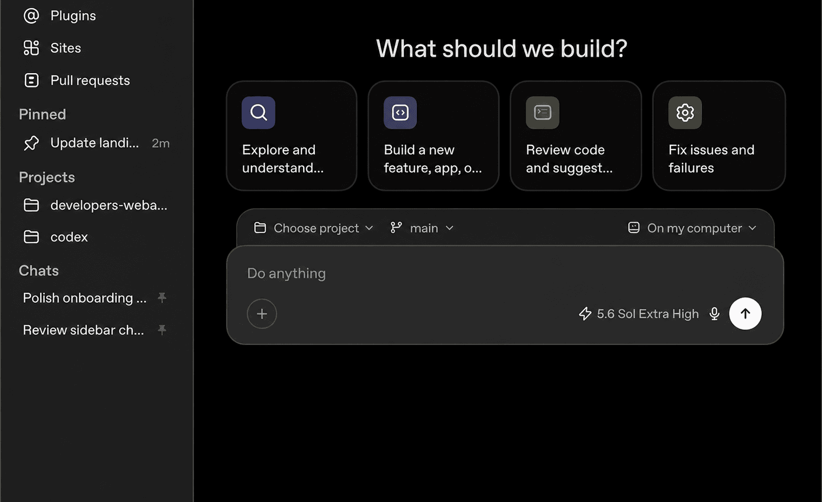 The Codex workspace with project navigation, task suggestions, and the chat composer