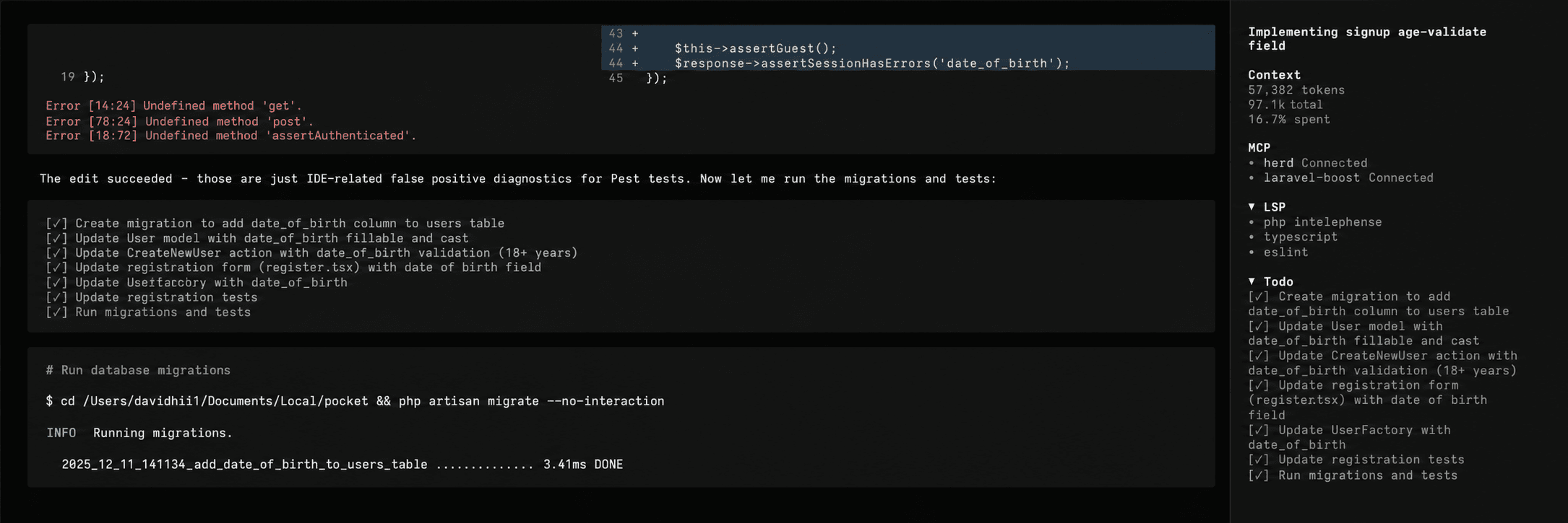 OpenCode's coding interface showing edits, command output, context, tools, and the todo list